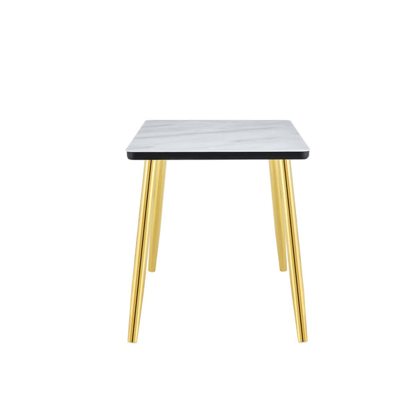 English Elm Modern Marble Look Glass Top Dining Table with Gold Tapered Legs Seats Six W1151S04619