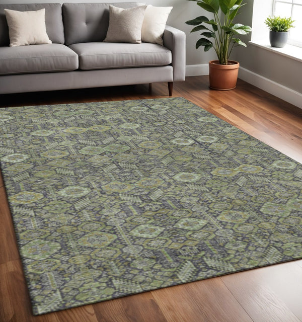 HomeRoots 5' X 8' Washable Green Gray Ivory Tribal Area Rug - UV Protected, Stain Resistant, Durable Design 649872