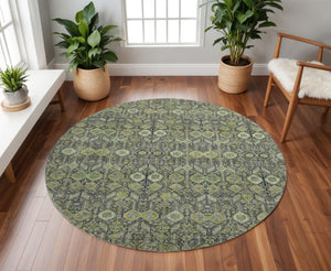 HomeRoots 8' Stylish Green, Gray & Ivory Tribal Round Rug - Washable, UV Protected, Durable & Easy Care! 649873