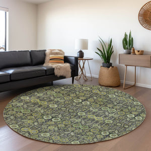 HomeRoots 8' Stylish Green, Gray & Ivory Tribal Round Rug - Washable, UV Protected, Durable & Easy Care! 649873