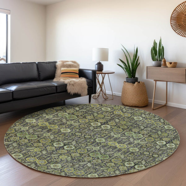 HomeRoots 8' Stylish Green, Gray & Ivory Tribal Round Rug - Washable, UV Protected, Durable & Easy Care! 649873