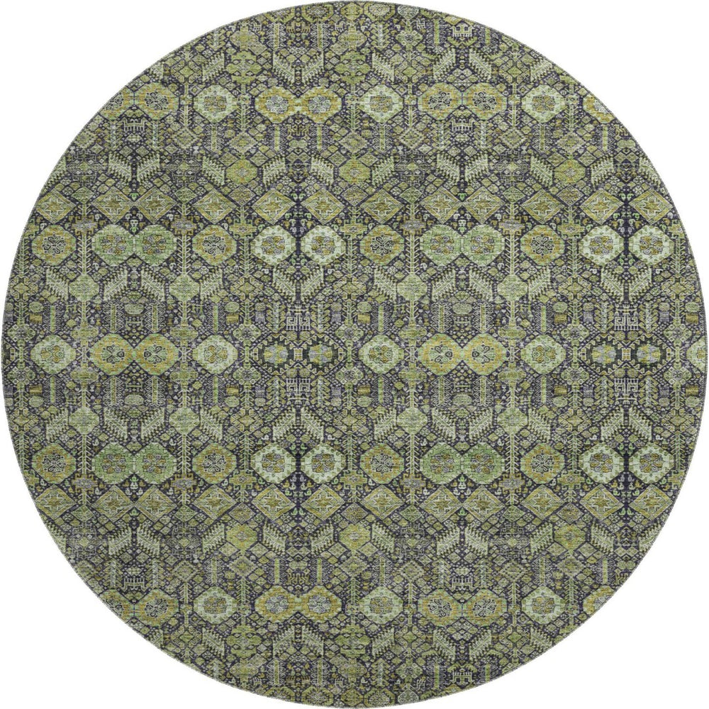 HomeRoots 8' Stylish Green, Gray & Ivory Tribal Round Rug - Washable, UV Protected, Durable & Easy Care! 649873