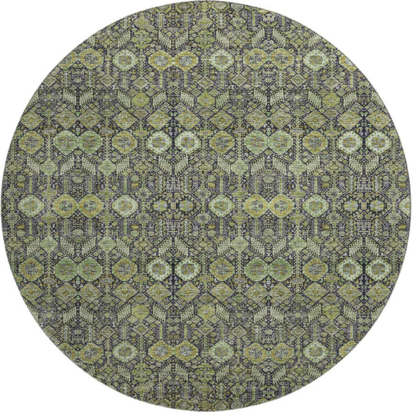 HomeRoots 8' Stylish Green, Gray & Ivory Tribal Round Rug - Washable, UV Protected, Durable & Easy Care! 649873