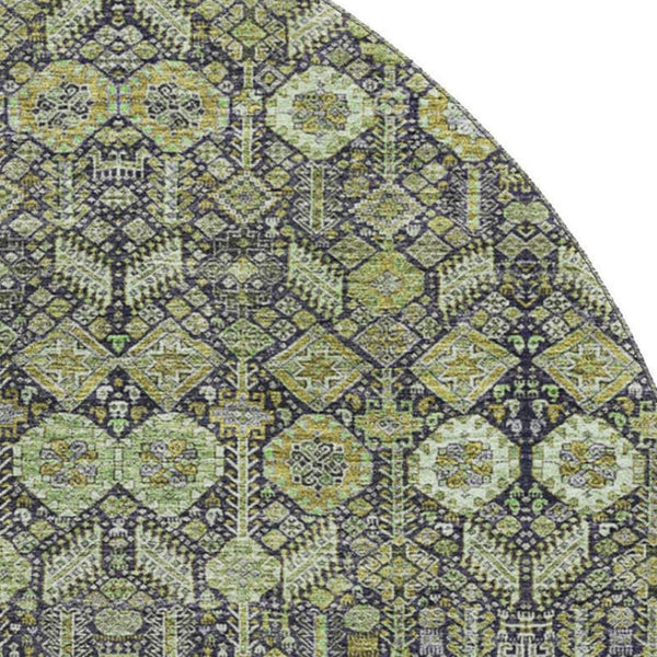 HomeRoots 8' Stylish Green, Gray & Ivory Tribal Round Rug - Washable, UV Protected, Durable & Easy Care! 649873