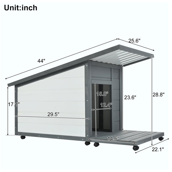 English Elm Outdoor Solid Wood Dog House with Waterproof PVC Roof, Dual Bowls, Lockable 4-Wheel Base, Grey Modern Shelter for Small Pets N843P252402B