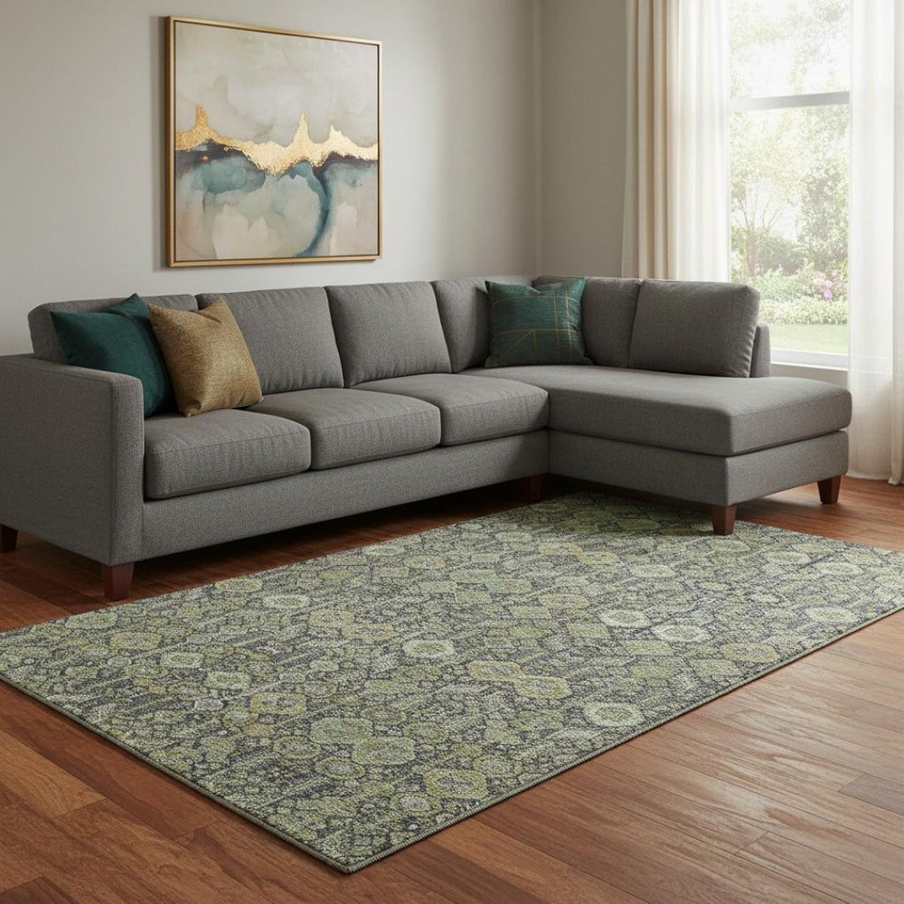 HomeRoots 8' X 10' Stylish Green Gray Ivory Tribal Washable Area Rug with UV Protection for Easy Living 649874