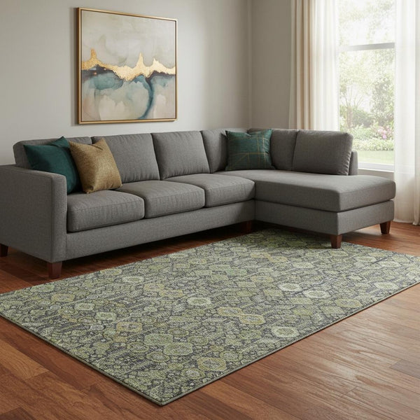 HomeRoots 8' X 10' Stylish Green Gray Ivory Tribal Washable Area Rug with UV Protection for Easy Living 649874