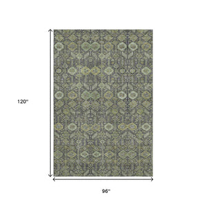 HomeRoots 8' X 10' Stylish Green Gray Ivory Tribal Washable Area Rug with UV Protection for Easy Living 649874