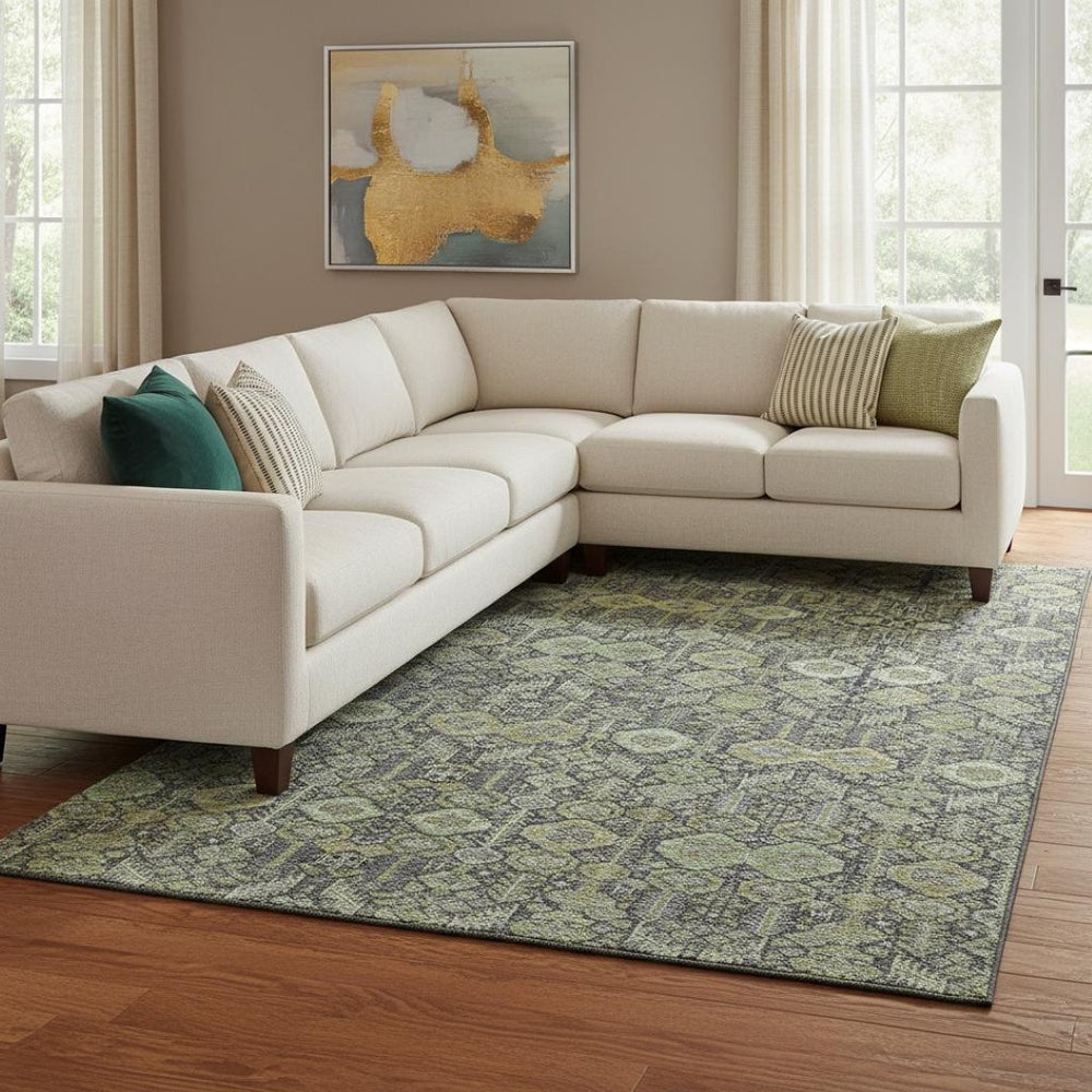 HomeRoots 9' X 12' Green Gray Ivory Tribal Area Rug - Washable, UV-Protected, Soft & Durable for Busy Homes 649875