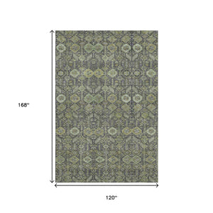 HomeRoots 10' X 14' Tribal Area Rug in Green, Gray & Ivory - Durable, Washable, UV Protected for Everyday Life 649876