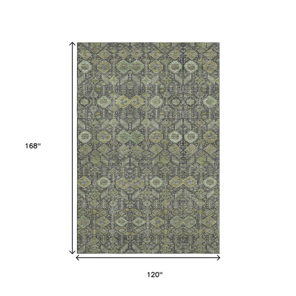 HomeRoots 10' X 14' Tribal Area Rug in Green, Gray & Ivory - Durable, Washable, UV Protected for Everyday Life 649876