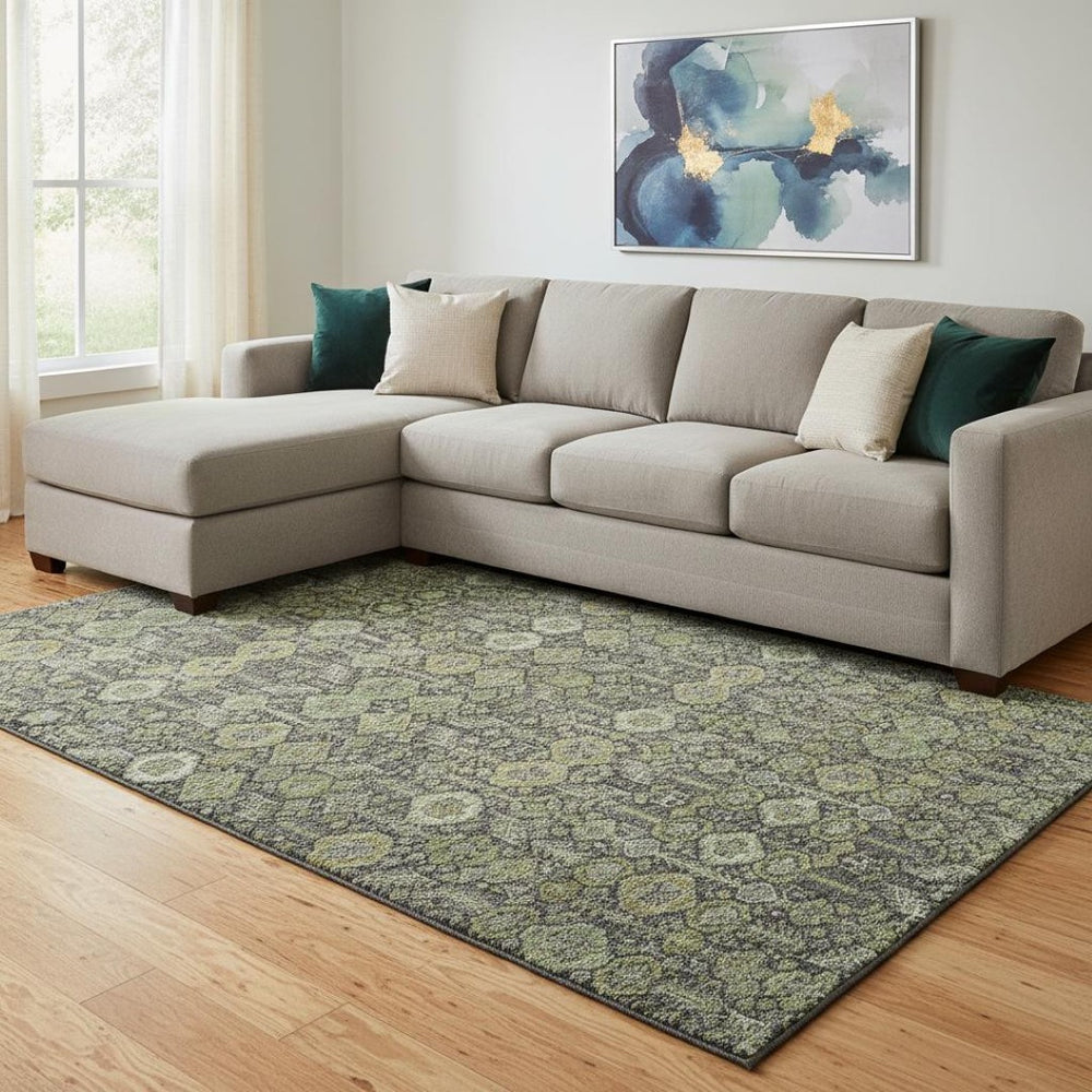 HomeRoots 10' X 14' Tribal Area Rug in Green, Gray & Ivory - Durable, Washable, UV Protected for Everyday Life 649876