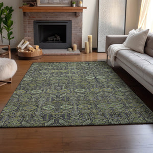 HomeRoots 10' X 14' Tribal Area Rug in Green, Gray & Ivory - Durable, Washable, UV Protected for Everyday Life 649876