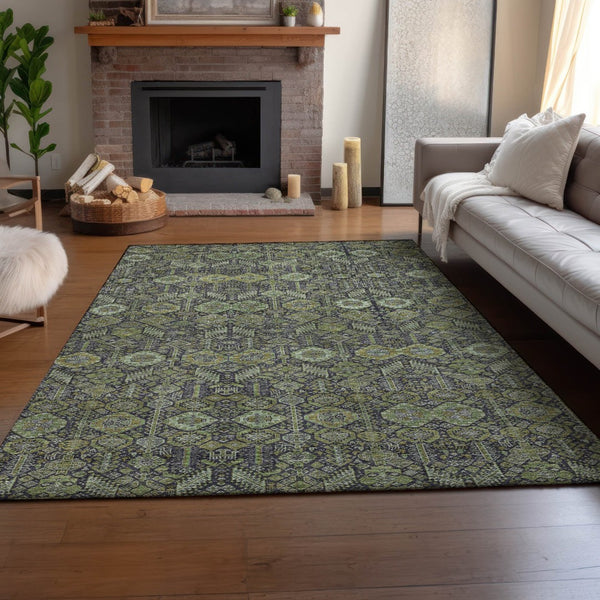 HomeRoots 10' X 14' Tribal Area Rug in Green, Gray & Ivory - Durable, Washable, UV Protected for Everyday Life 649876