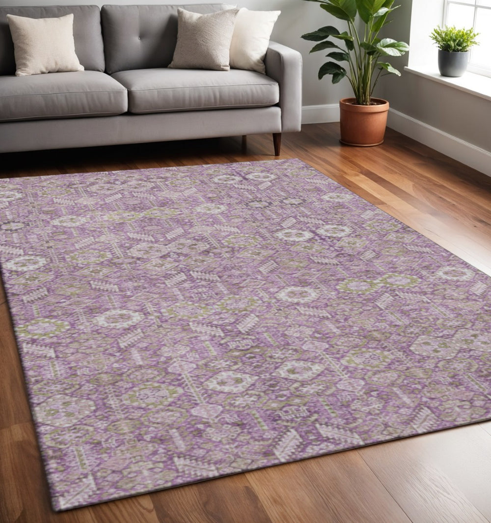 HomeRoots 5' X 8' Stylish Lavender And Ivory Tribal Area Rug - Washable, UV Protected, Stain Resistant Design 649878