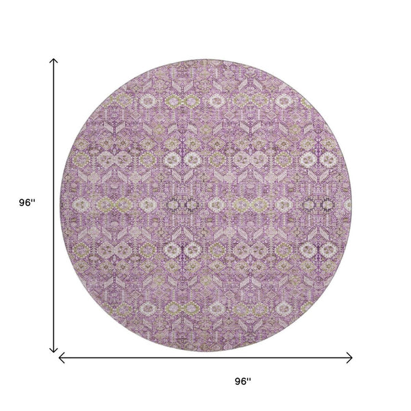 HomeRoots 8' Stylish Lavender & Ivory Tribal Round Rug - UV Protected, Washable, Durable for Indoor/Outdoor Use 649879