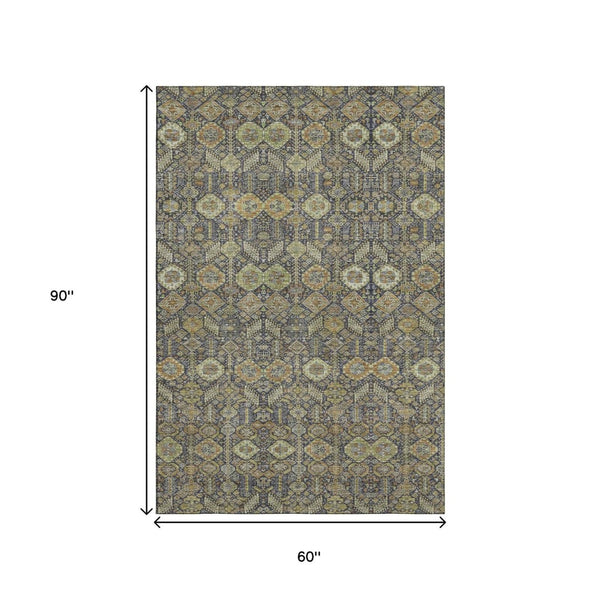 HomeRoots 5' X 8' Tribal Area Rug in Rust Green & Gray – Washable, Stain Resistant, UV Protection & Stylish! 649884