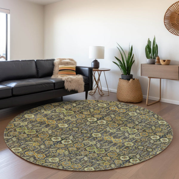 HomeRoots 8' Rust Green and Gray Tribal Round Rug - Washable, UV Protected, Stain Resistant for Busy Homes 649885