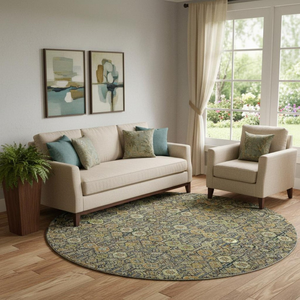HomeRoots 8' Rust Green and Gray Tribal Round Rug - Washable, UV Protected, Stain Resistant for Busy Homes 649885