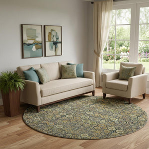 HomeRoots 8' Rust Green and Gray Tribal Round Rug - Washable, UV Protected, Stain Resistant for Busy Homes 649885