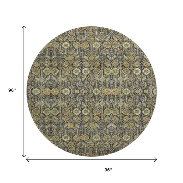 HomeRoots 8' Rust Green and Gray Tribal Round Rug - Washable, UV Protected, Stain Resistant for Busy Homes 649885