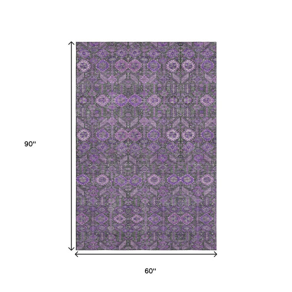 HomeRoots 5' X 8' Purple and Ivory Tribal Area Rug – Washable, UV-Protected, Stylish & Stain-Resistant Comfort 649890
