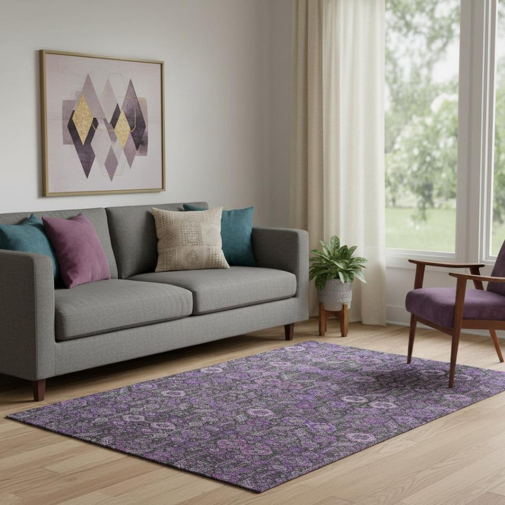 HomeRoots 5' X 8' Purple and Ivory Tribal Area Rug – Washable, UV-Protected, Stylish & Stain-Resistant Comfort 649890