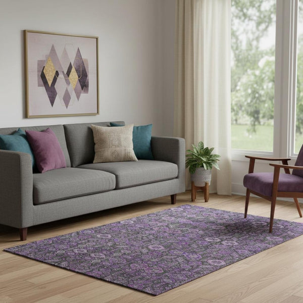 HomeRoots 5' X 8' Purple and Ivory Tribal Area Rug – Washable, UV-Protected, Stylish & Stain-Resistant Comfort 649890