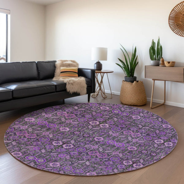 HomeRoots 8' Purple And Ivory Tribal Round Rug - Durable, Stain Resistant, UV Protected, Perfect for Any Space! 649891