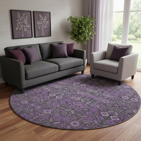 HomeRoots 8' Purple And Ivory Tribal Round Rug - Durable, Stain Resistant, UV Protected, Perfect for Any Space! 649891