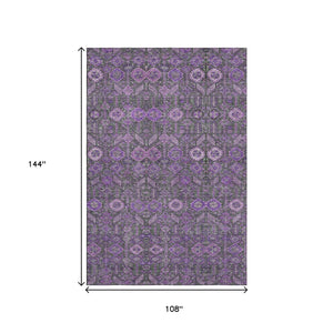 HomeRoots 9' X 12' Purple & Ivory Tribal Area Rug - Washable, UV-Protected, Durable & Stain-Resistant Design 649893