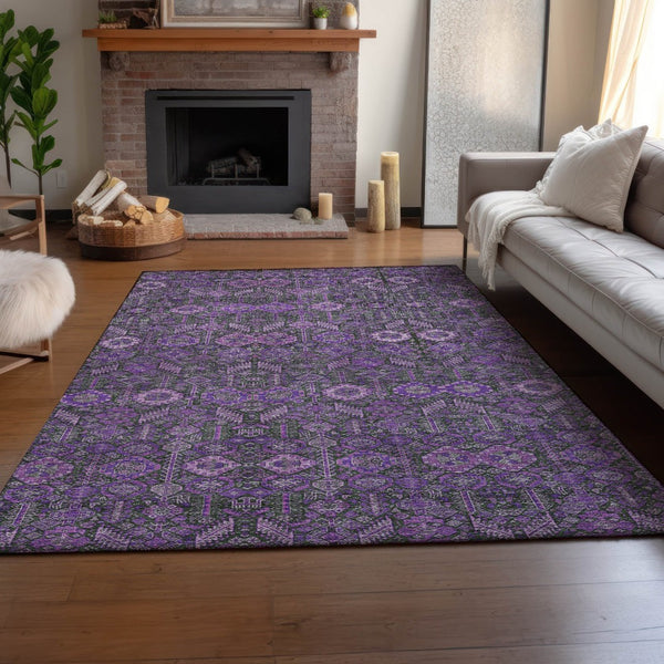 HomeRoots 9' X 12' Purple & Ivory Tribal Area Rug - Washable, UV-Protected, Durable & Stain-Resistant Design 649893