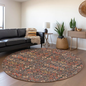 HomeRoots 8' Bold Red Gold and Gray Tribal Round Rug - Washable, UV Protected, Perfect for High-Traffic Areas! 649897