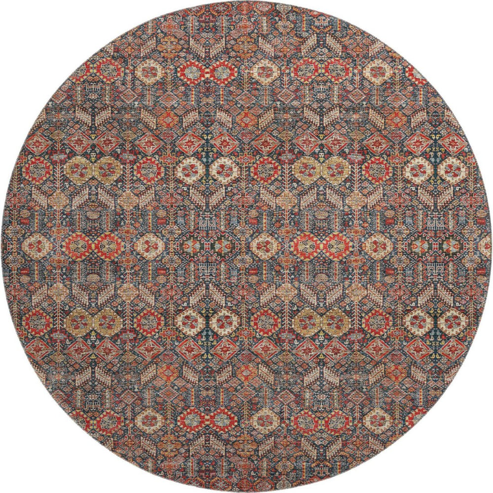 HomeRoots 8' Bold Red Gold and Gray Tribal Round Rug - Washable, UV Protected, Perfect for High-Traffic Areas! 649897