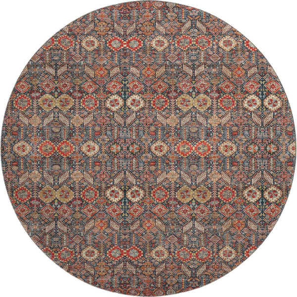 HomeRoots 8' Bold Red Gold and Gray Tribal Round Rug - Washable, UV Protected, Perfect for High-Traffic Areas! 649897