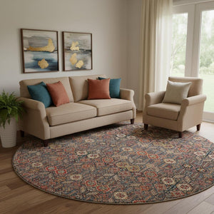 HomeRoots 8' Bold Red Gold and Gray Tribal Round Rug - Washable, UV Protected, Perfect for High-Traffic Areas! 649897