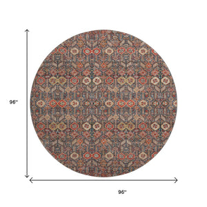 HomeRoots 8' Bold Red Gold and Gray Tribal Round Rug - Washable, UV Protected, Perfect for High-Traffic Areas! 649897