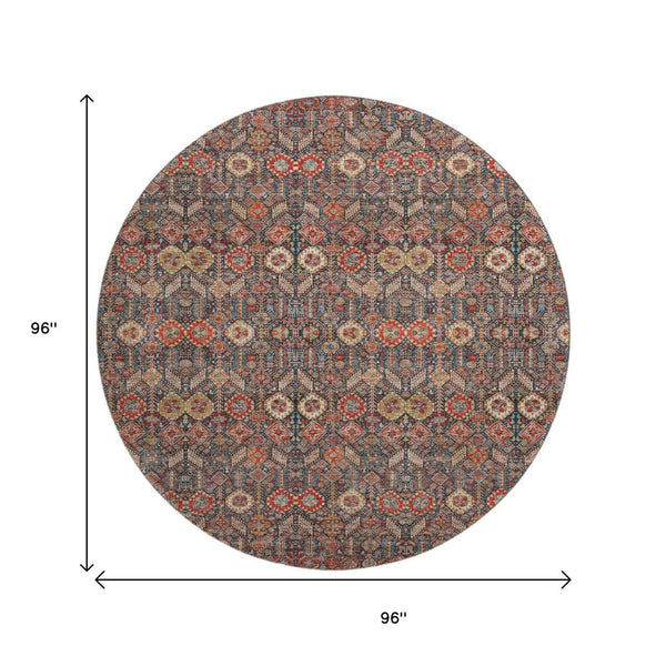 HomeRoots 8' Bold Red Gold and Gray Tribal Round Rug - Washable, UV Protected, Perfect for High-Traffic Areas! 649897
