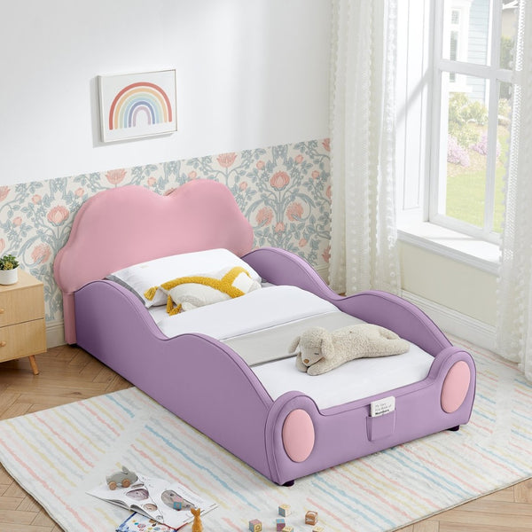 English Elm Twin Cloud Shaped Toddler Bed Upholstered Pu Leather with Guardrails and Storage Pocket Pink Purple W1413S00185