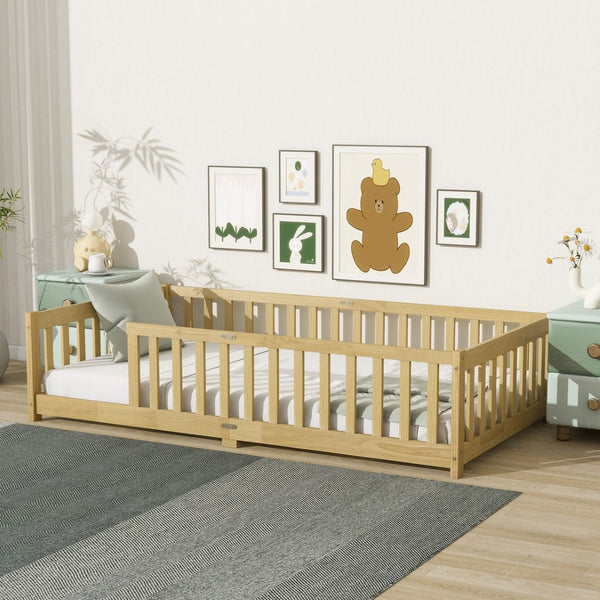 English Elm Twin Low Profile Rubberwood Floor Bed with Full Safety Fence for Toddler Rooms Natural W504P429336