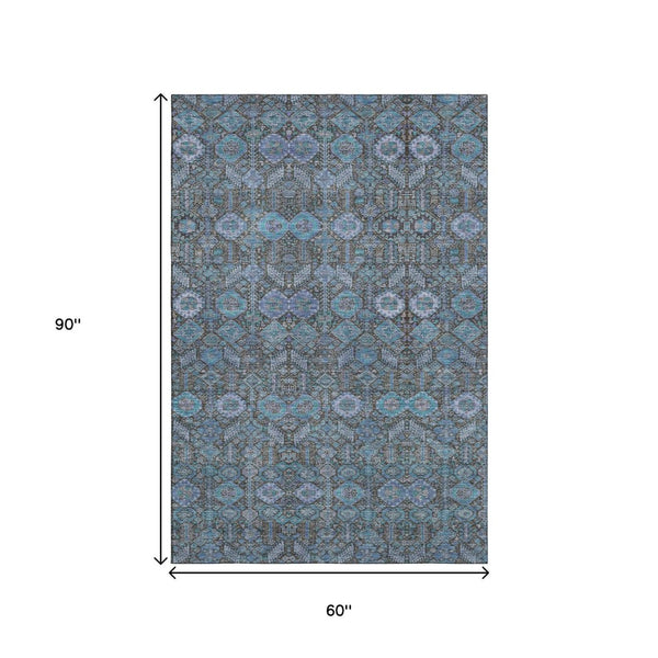 HomeRoots 5' X 8' Teal and Gray Tribal Area Rug - Washable, Durable, UV-Protected for Stylish Living Spaces! 649908