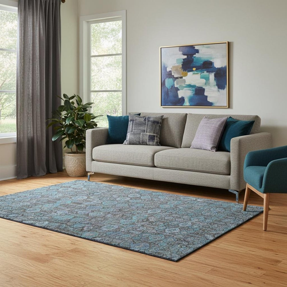 HomeRoots 5' X 8' Teal and Gray Tribal Area Rug - Washable, Durable, UV-Protected for Stylish Living Spaces! 649908