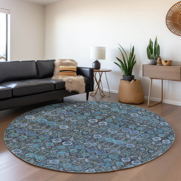 HomeRoots 8' Teal and Gray Tribal Round Rug – Washable, UV-Protected, Soft, Durable, Perfect for Kids & Pets! 649909