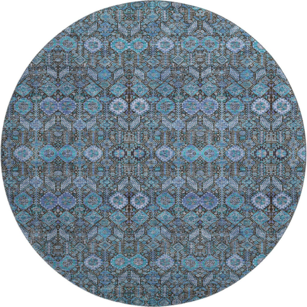 HomeRoots 8' Teal and Gray Tribal Round Rug – Washable, UV-Protected, Soft, Durable, Perfect for Kids & Pets! 649909