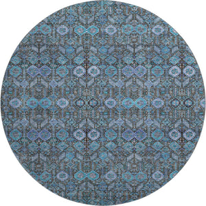 HomeRoots 8' Teal and Gray Tribal Round Rug – Washable, UV-Protected, Soft, Durable, Perfect for Kids & Pets! 649909