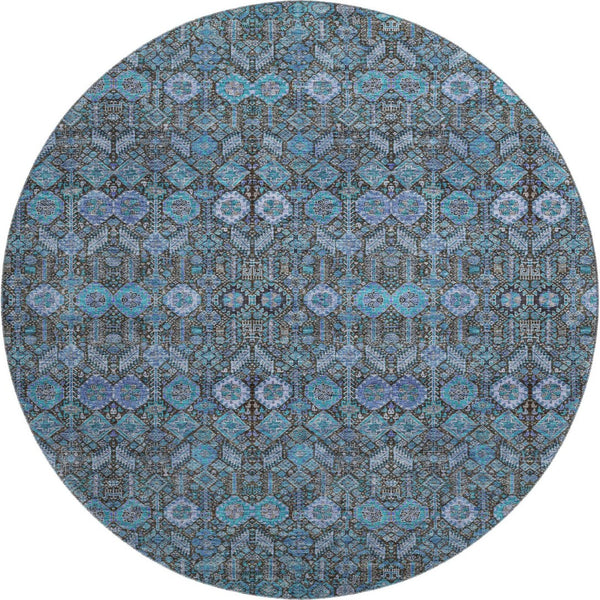 HomeRoots 8' Teal and Gray Tribal Round Rug – Washable, UV-Protected, Soft, Durable, Perfect for Kids & Pets! 649909