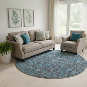 HomeRoots 8' Teal and Gray Tribal Round Rug – Washable, UV-Protected, Soft, Durable, Perfect for Kids & Pets! 649909