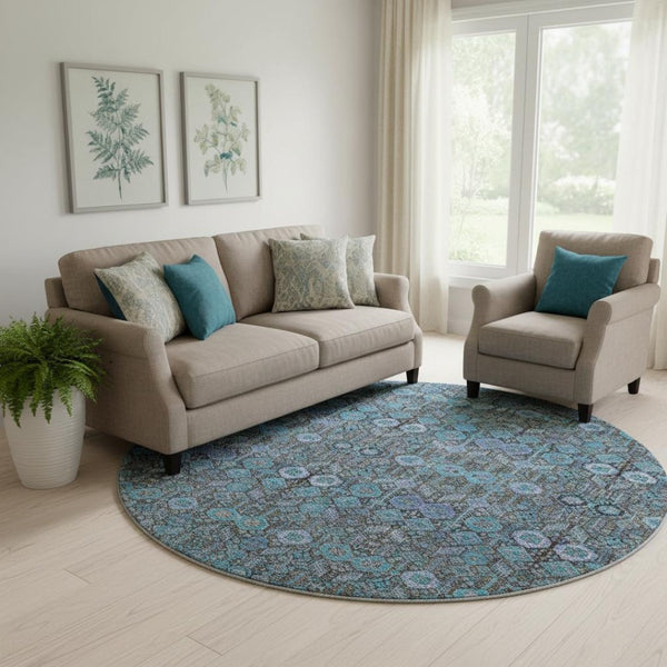 HomeRoots 8' Teal and Gray Tribal Round Rug – Washable, UV-Protected, Soft, Durable, Perfect for Kids & Pets! 649909
