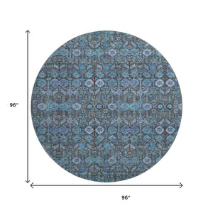 HomeRoots 8' Teal and Gray Tribal Round Rug – Washable, UV-Protected, Soft, Durable, Perfect for Kids & Pets! 649909