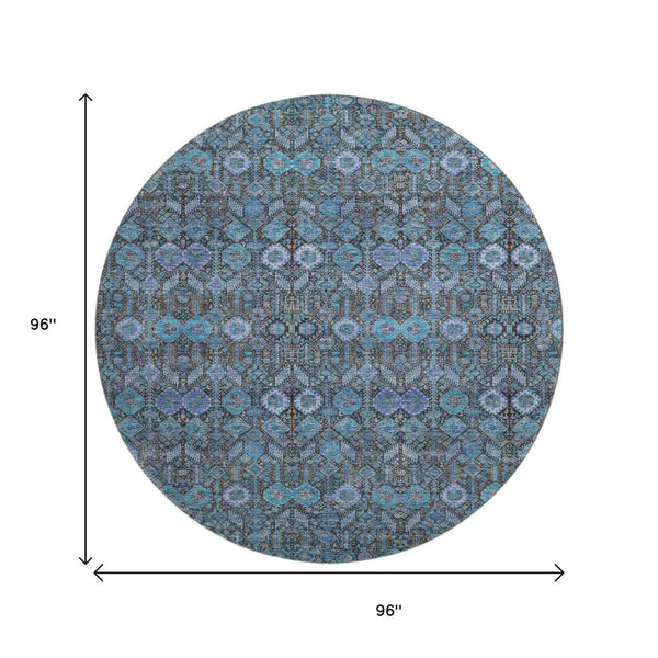 HomeRoots 8' Teal and Gray Tribal Round Rug – Washable, UV-Protected, Soft, Durable, Perfect for Kids & Pets! 649909
